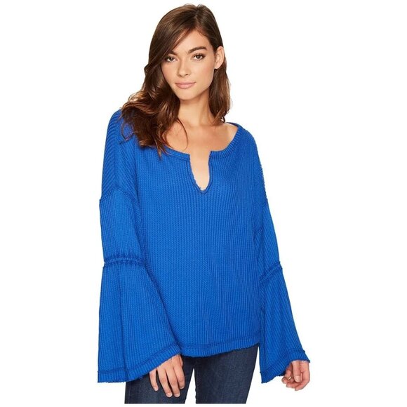 Free People x We The Free Blue Waffle Knit Bell Sleeve Relaxed Fit Top - Picture 3 of 16
